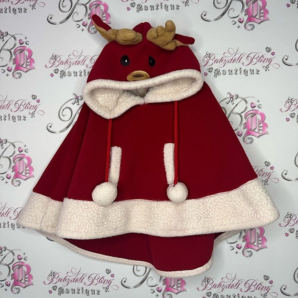 Doppio’s poncho reindeer kids red white Pom poms deer hood cute cozy warm Xmas